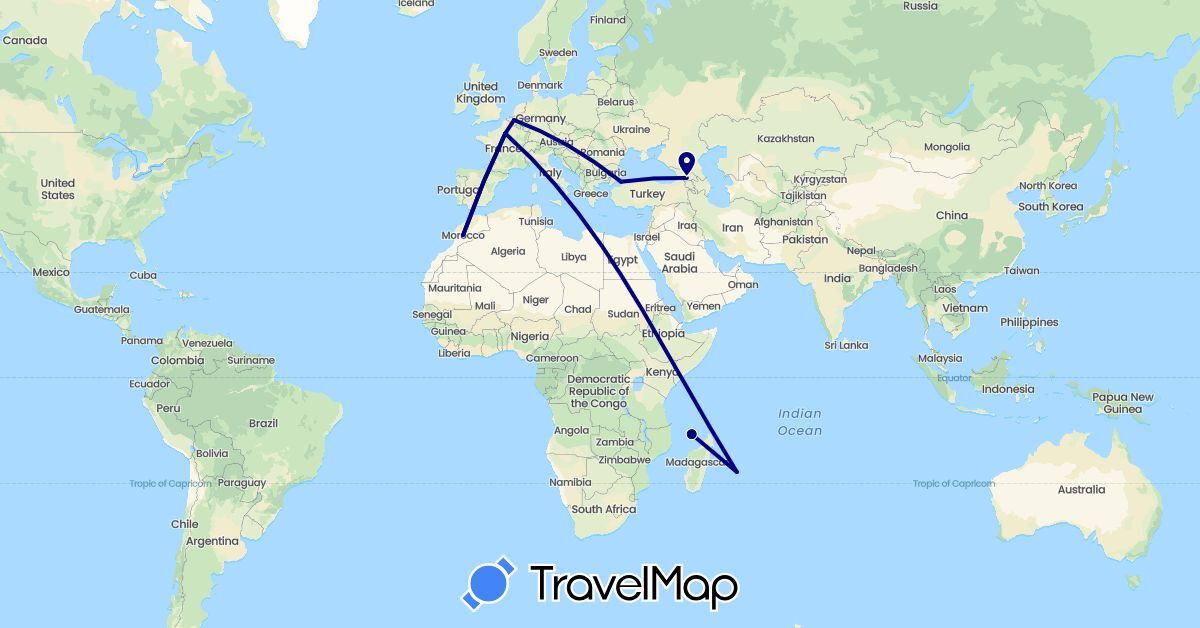 TravelMap itinerary: driving in Belgium, France, Georgia, Morocco, Turkey (Africa, Asia, Europe)